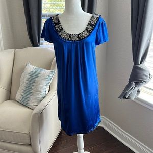 Silk beaded shift dress, royal blue and black, S small